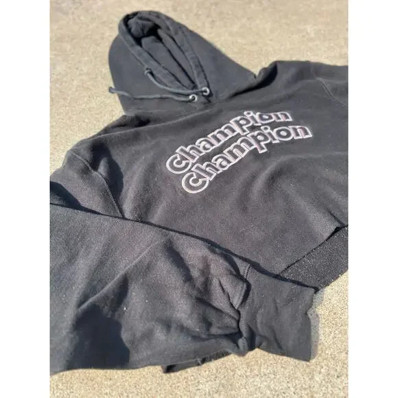 Champion Sweatshirt Women Size Small Black Reverse Weave Embroidered Hooded Crop - Picture 2 of 5